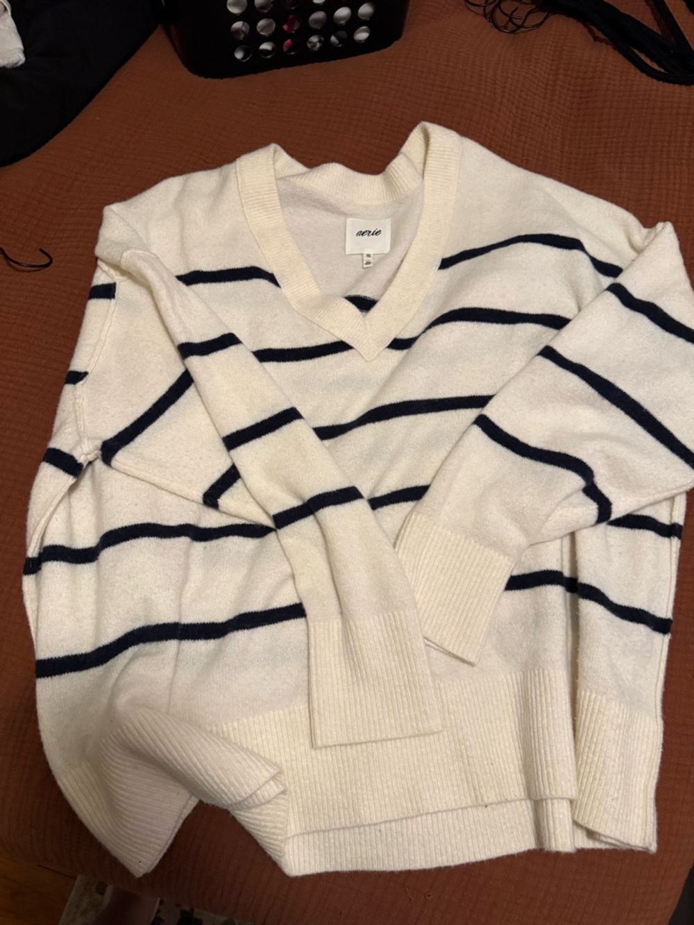 Aerie V-Neck Sweater with Navy Stripes